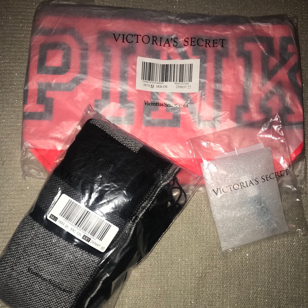 PINK Tote, fringe scarf and lip gloss bundle
